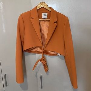 Zara Orange Cropped Blazer With Tied Detail